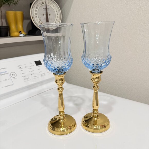 Vintage Brass and Blue Glass Candle holders - Picture 3 of 12